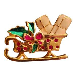 Vintage Goldtone Christmas Sleigh w Presents Brooch Pin